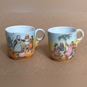 Miniature Embossed Porcelain Teacups Vintage Transferware Children Playing